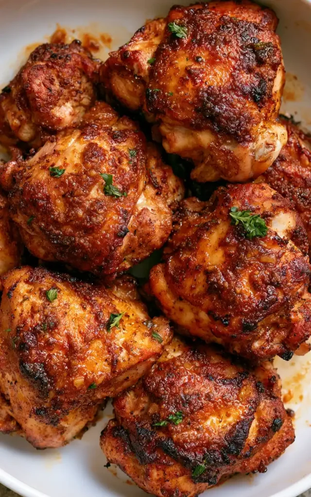 close up Air Fryer Garlic Butter Chicken Thighs, served on a plate