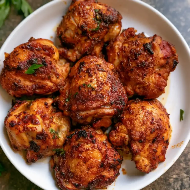 Air Fryer Garlic Butter Chicken Thighs from a top view, served on a plate