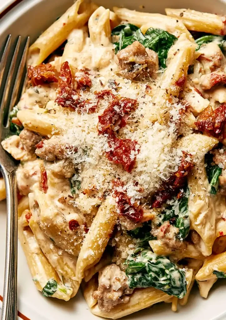 Creamy Tuscan Sausage and Spinach Pasta dish, from a top view, close up