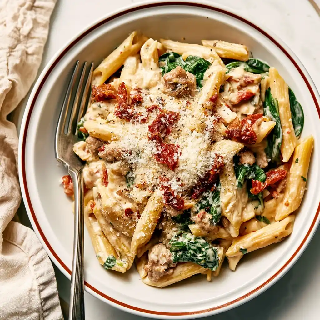Creamy Tuscan Sausage and Spinach Pasta dish, from a top view, served on a plate