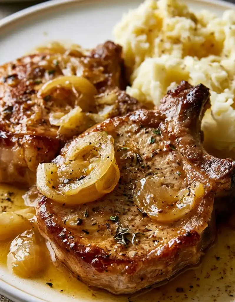 Apple cider braised pork chops dish with mashed potatoes, close up
