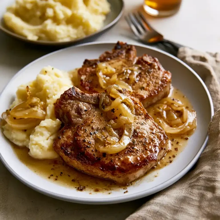 Apple cider braised pork chops dish, served with mashed potatoes