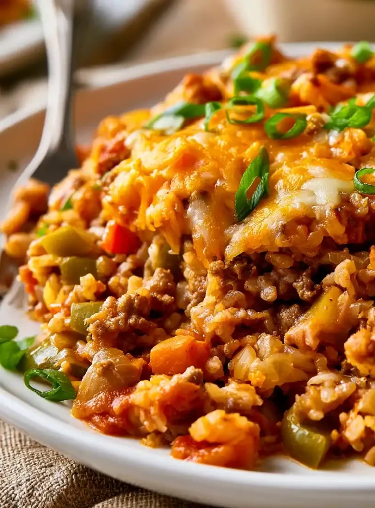 Cheesy ground beef rice casserole close up
