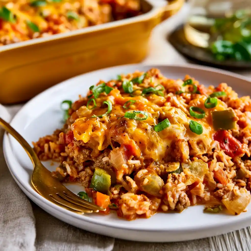 Cheesy ground beef rice casserole