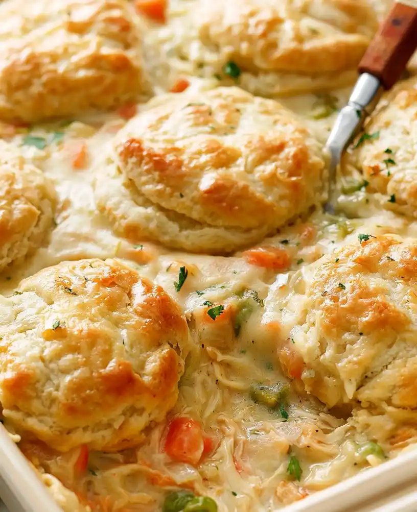 close-up Chicken pot pie casserole with biscuits dish