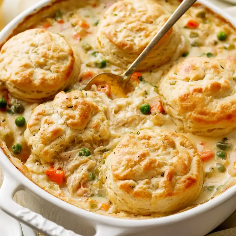 Chicken pot pie casserole with biscuits
