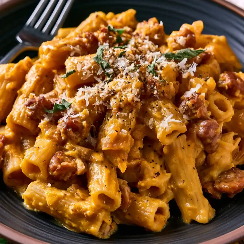 Creamy pumpkin pasta with Italian sausage dish, served on a plate