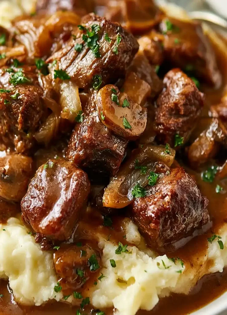 Crockpot beef tips and gravy close up