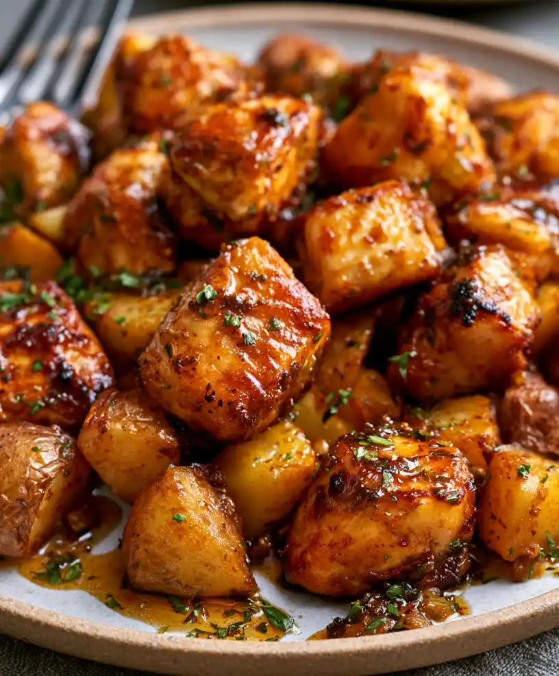 Garlic butter chicken bites and potatoes close up