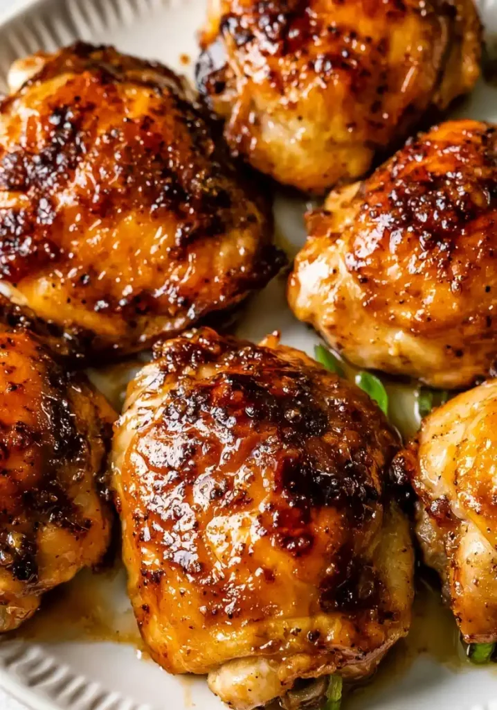 Honey garlic baked chicken thighs close up