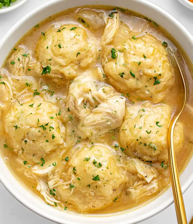 Slow cooker chicken and dumplings close up
