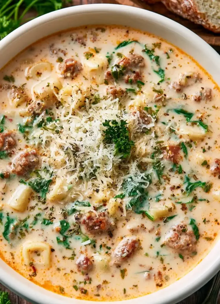 Creamy parmesan Italian sausage soup close up