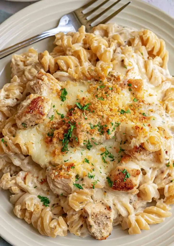 Garlic parmesan chicken pasta bake close up