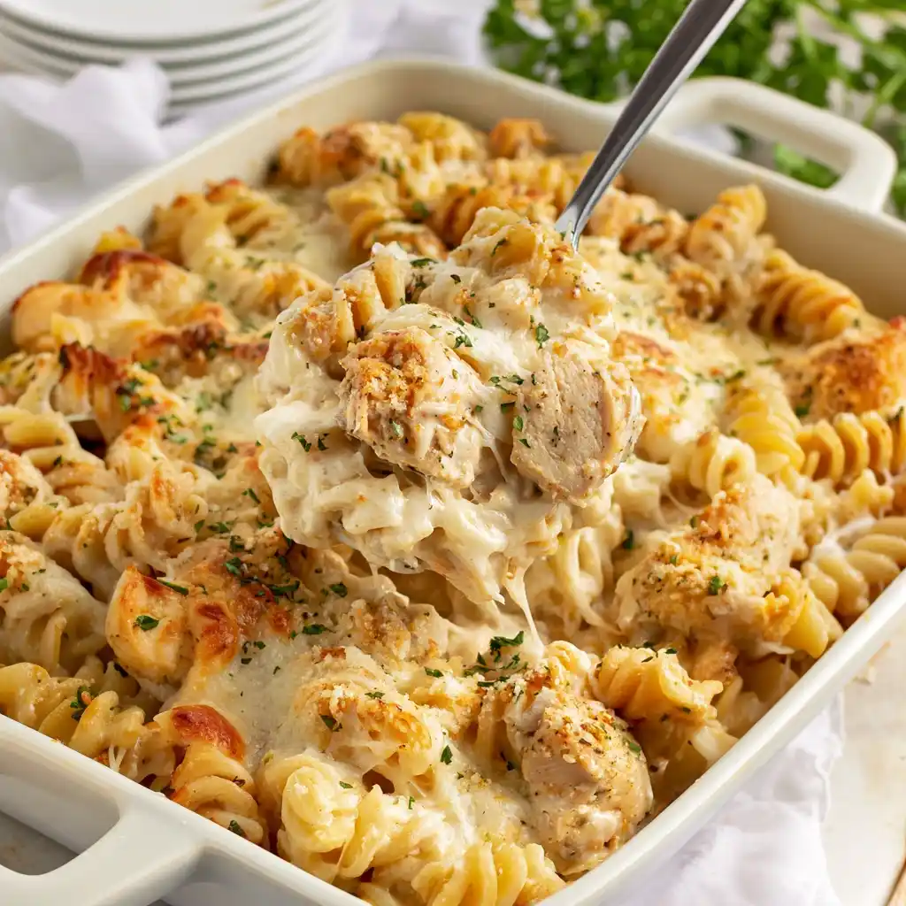 Garlic parmesan chicken pasta bake