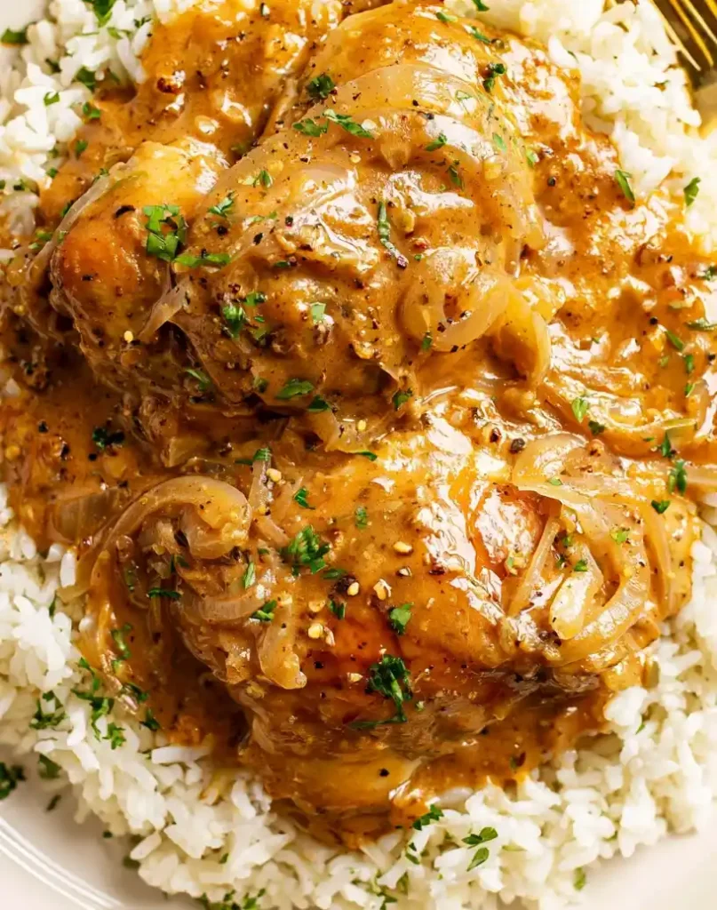 Smothered chicken and rice close up